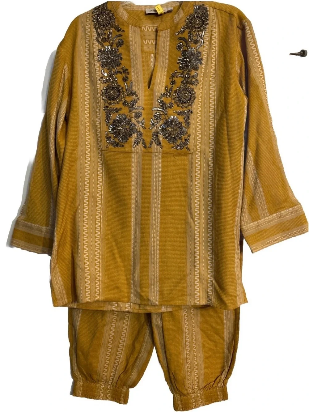 Tory Burch Set Women Sequin Embellished Yellow & Ivory Cotton Tunic 8 & Pants 6